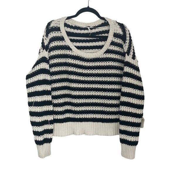 Free People Medium Chunky Sweater Black Cream Striped Oversized Relaxed - Picture 2 of 8